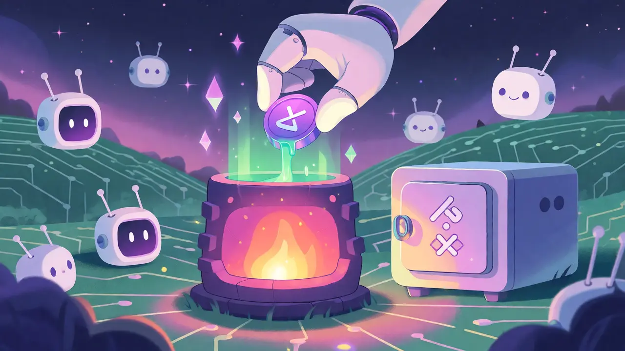 Bliffy converting tokens in a magical furnace with AI agents watching