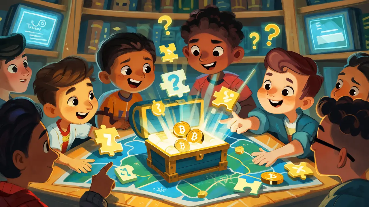Cartoon characters solving riddles during a gamified crypto coin hunt