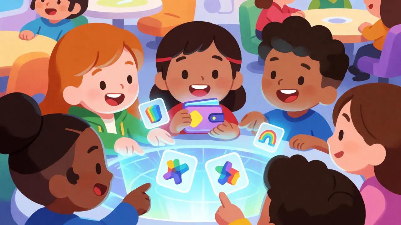 Cartoon characters viewing holographic NFT icons together