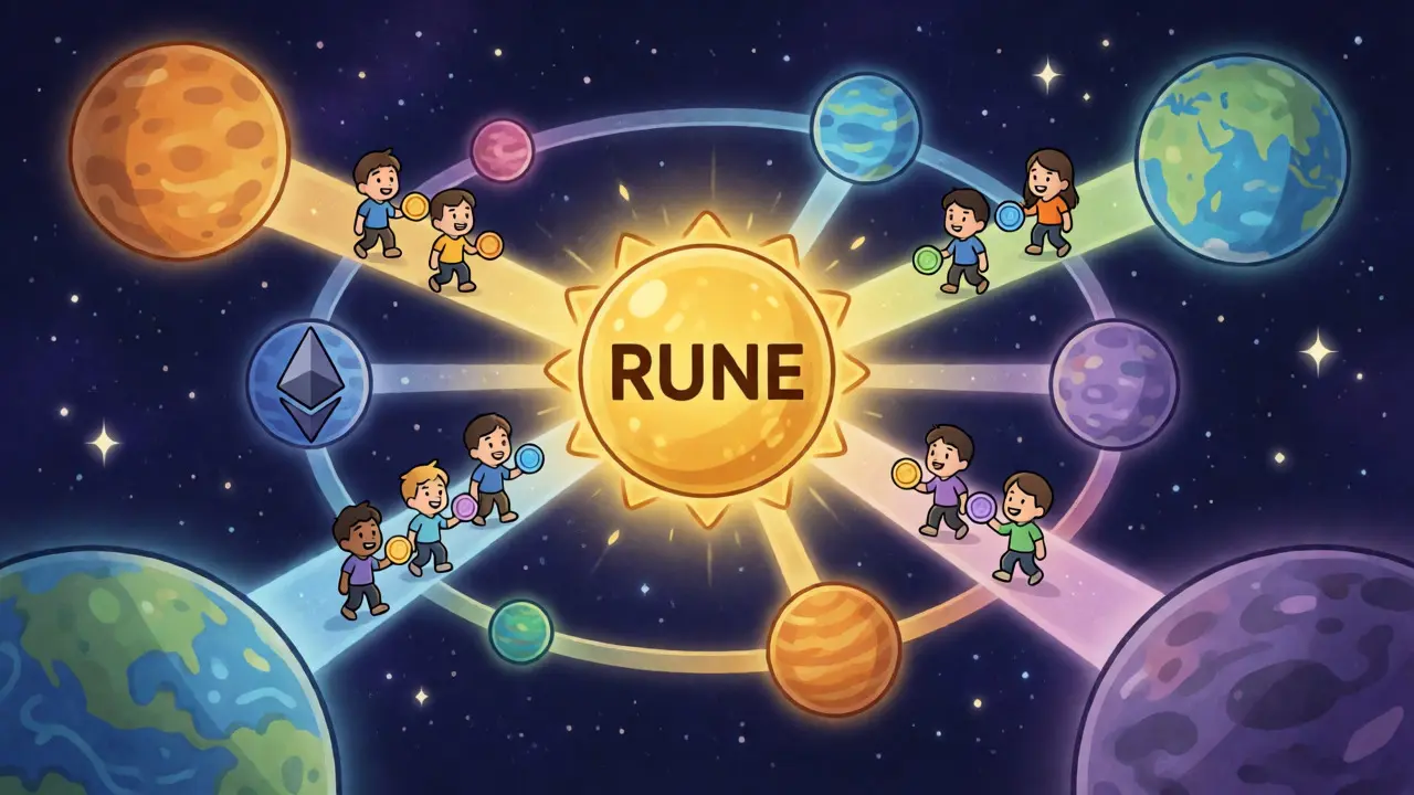 Cartoon depiction of blockchain planets orbiting a central golden RUNE sun hub.