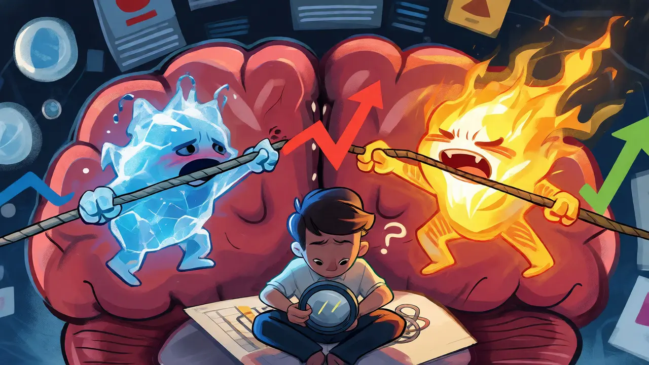 Cartoon depiction of fear and greed pulling an investor's mind in opposite directions.