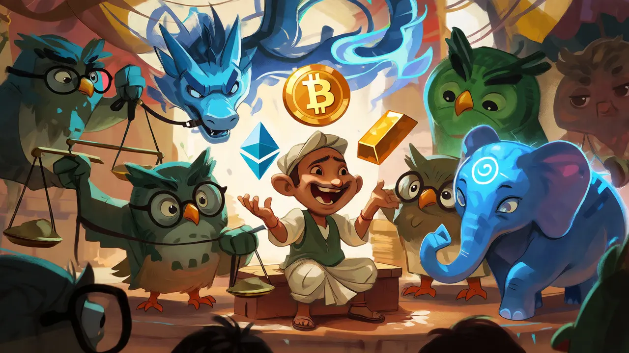 Cartoon owls regulating a crypto dragon and guiding a Digital Rupee elephant in a market.