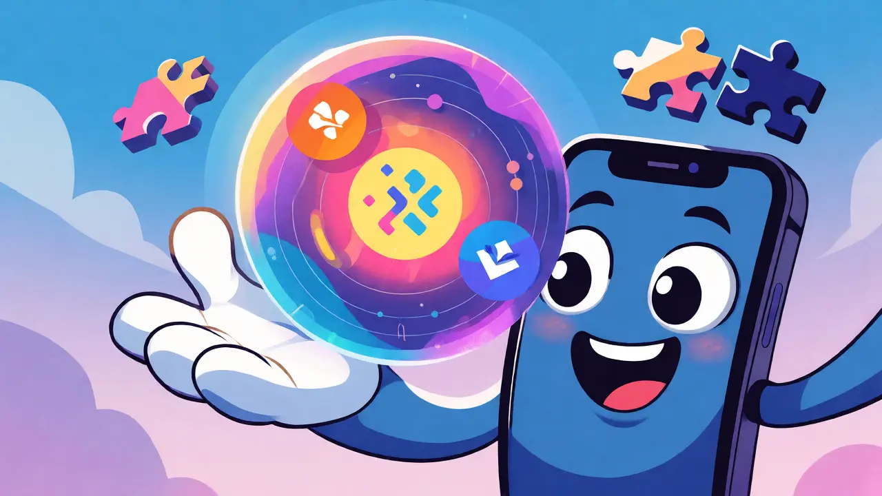 Cartoon smartphone holding a glowing multi-chain wallet orb