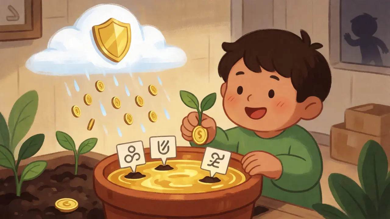 Character planting seeds in gold pot under raining coins for staking rewards
