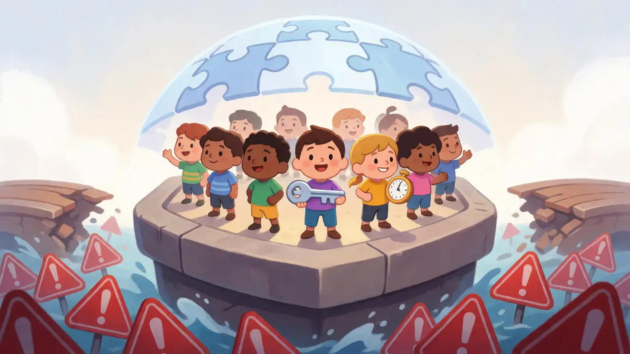 Characters on a shield platform holding keys, protected by a puzzle-piece dome.