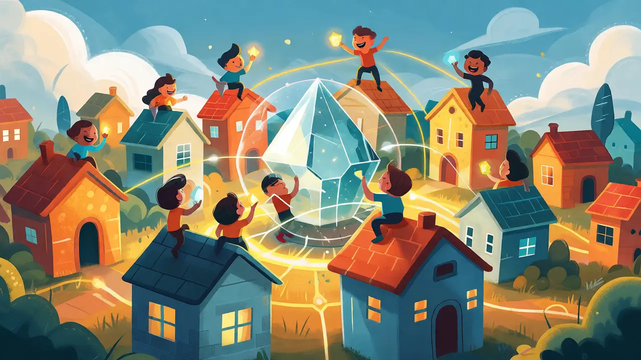 Community of characters connecting houses to a central glowing crystal.