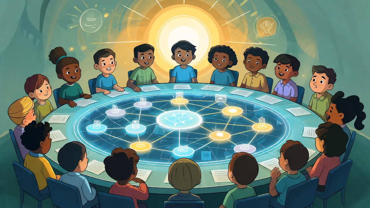 Diverse avatars gathered around a glowing holographic table for voting.
