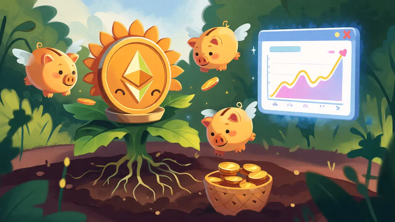 Ethereum coin growing in a digital garden with flying piggy banks, illustrating staking rewards.