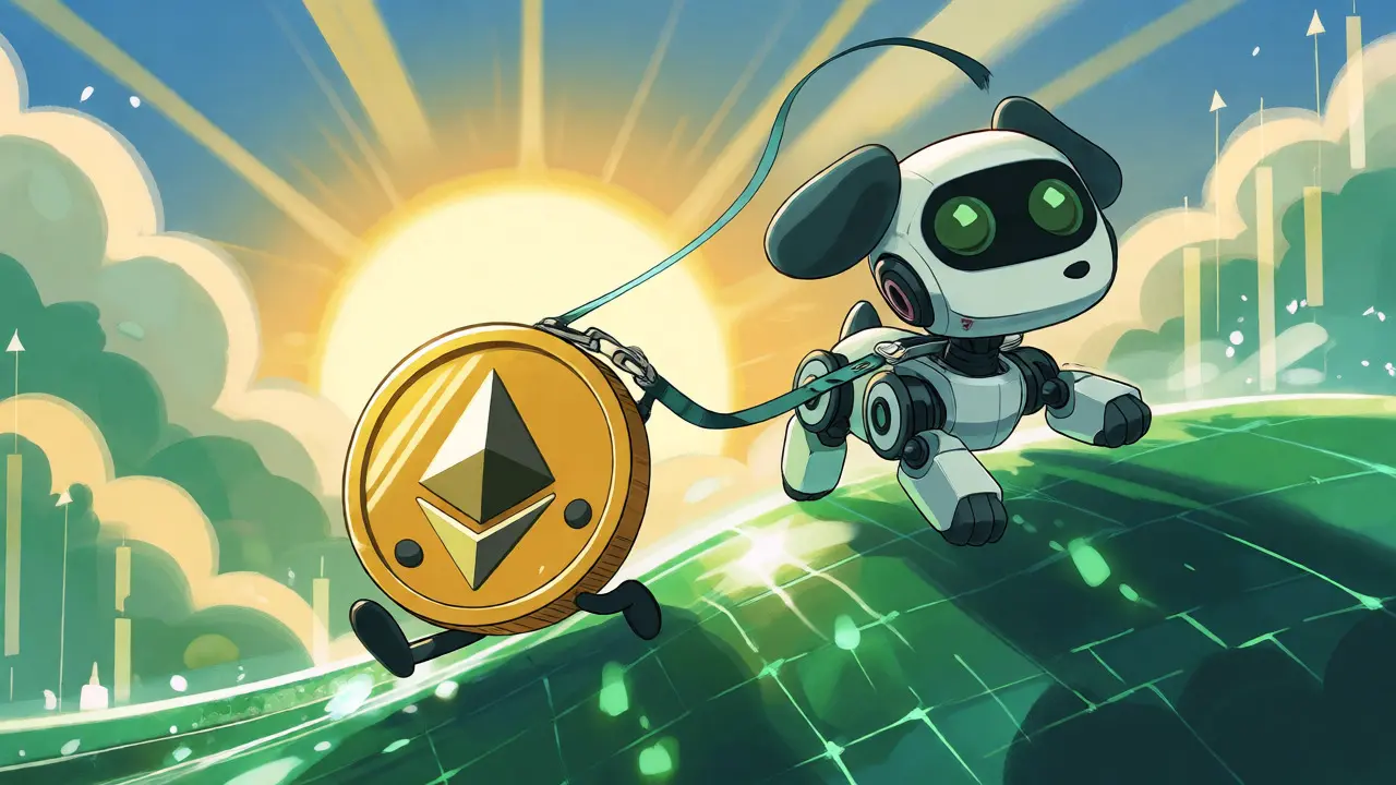 Ethereum coin riding a wave while followed by a trailing stop robot
