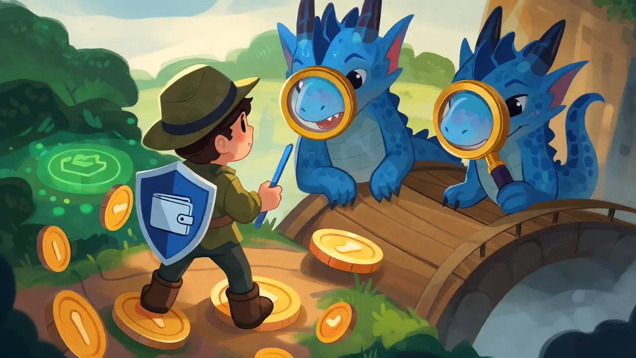 Explorer with a wallet shield facing security-guarding dragons.
