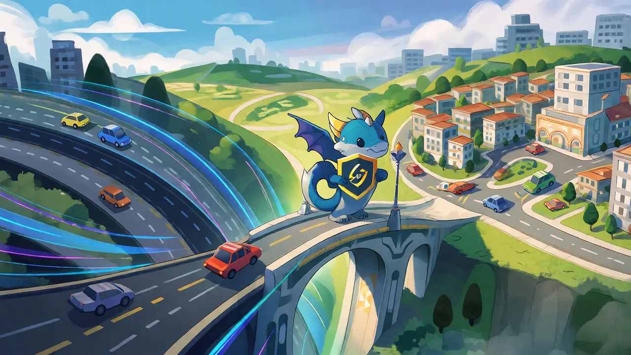 Fantasy landscape bridging two distinct blockchain worlds with a guardian.