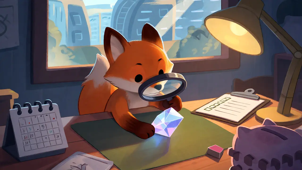 Fox examining a crystal token with a magnifying glass