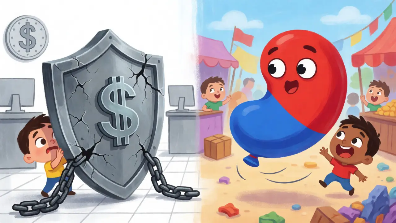 Illustration contrasting a rigid USDT shield with a flexible ruble-backed stablecoin balloon.