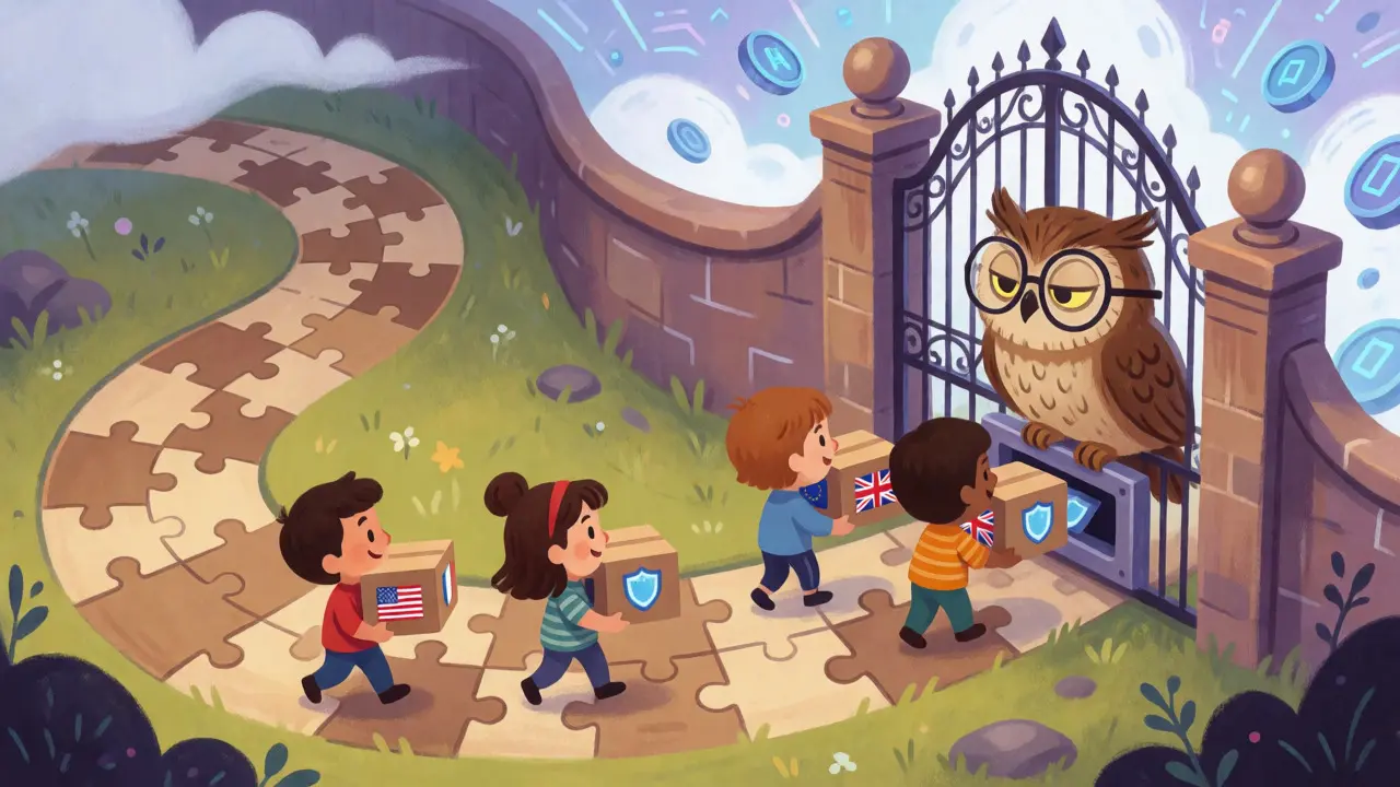 Illustration of figures presenting international licenses to a guardian at a gate.