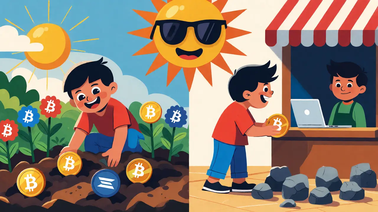 Illustration showing crypto growing as investments but becoming heavy stones when spent.