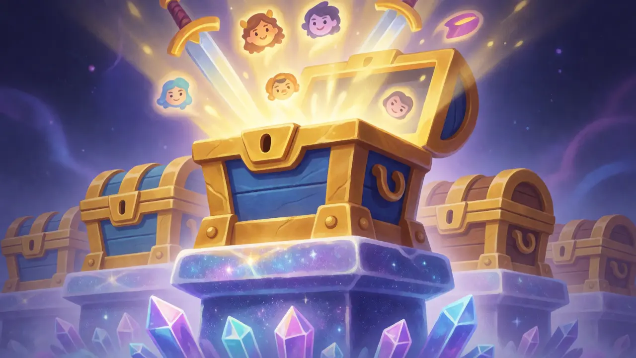 Legendary treasure chest opening to reveal rare items