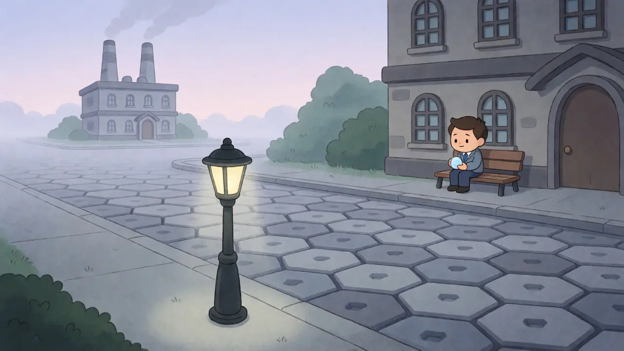 Lone investor holding a dim crystal on a quiet block-paved street