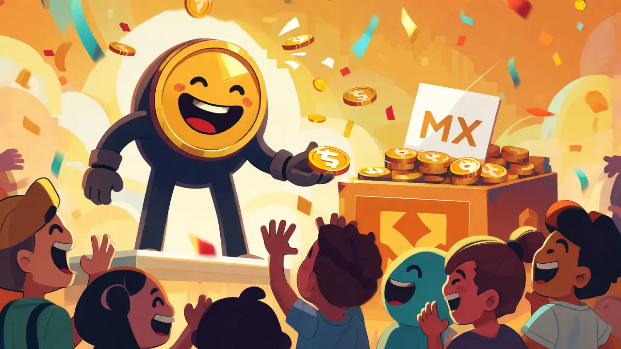Mascot distributing gold tokens to cheering fans near a ballot box.