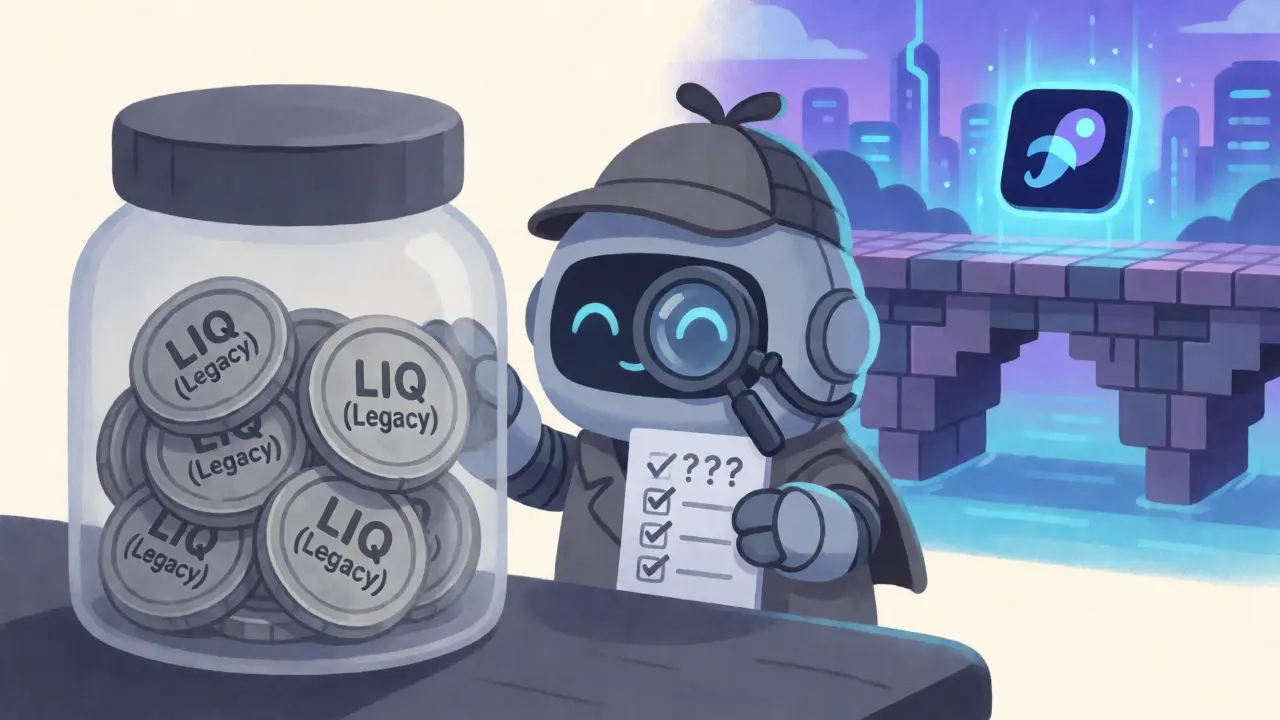 Robot detective inspecting legacy tokens in a wallet jar
