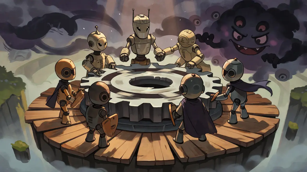Robots defend a spinning gear from a shadowy monster on a floating platform.