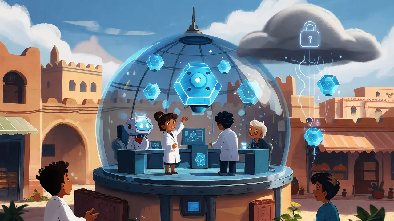 Scientists testing blockchain tech in a sandbox dome amid Tunisian buildings