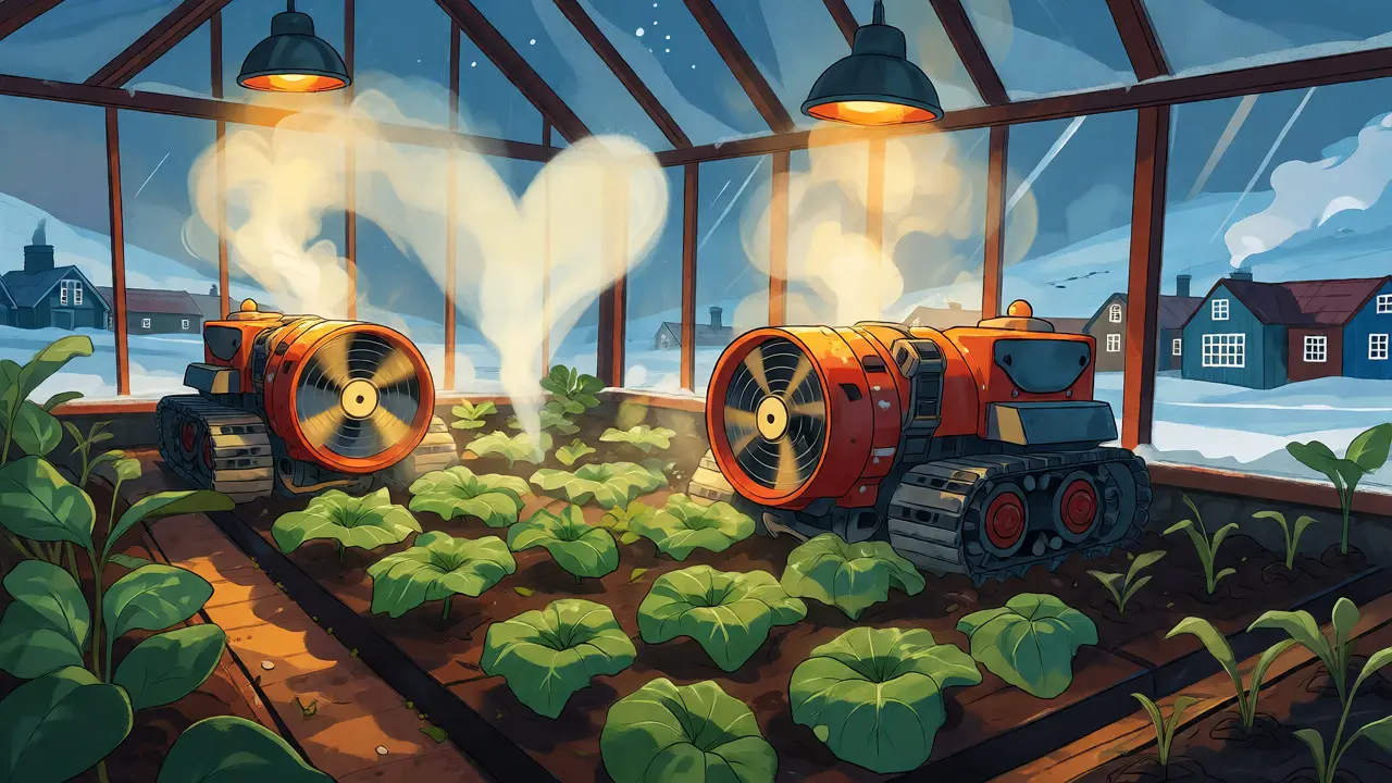 Smiling mining rigs heating an Icelandic greenhouse full of growing plants and vegetables.