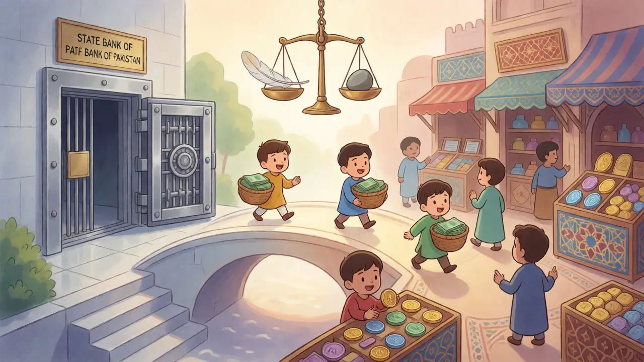 Split-scene cartoon showing a bridge connecting a bank vault and a crypto marketplace.