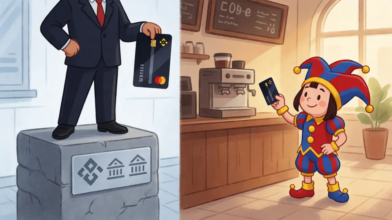 Split scene comparing an official bank card with a disconnected crypto token at a cafe.