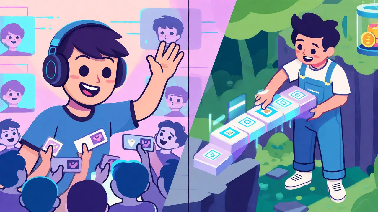 Streamers and developers connecting via blockchain in an illustrated scene