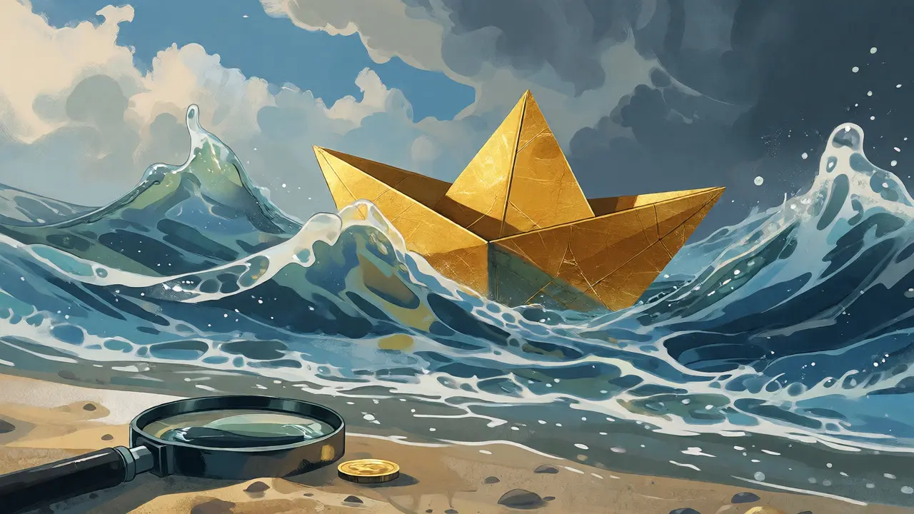 Tiny gold boat navigating rough waves of low liquidity