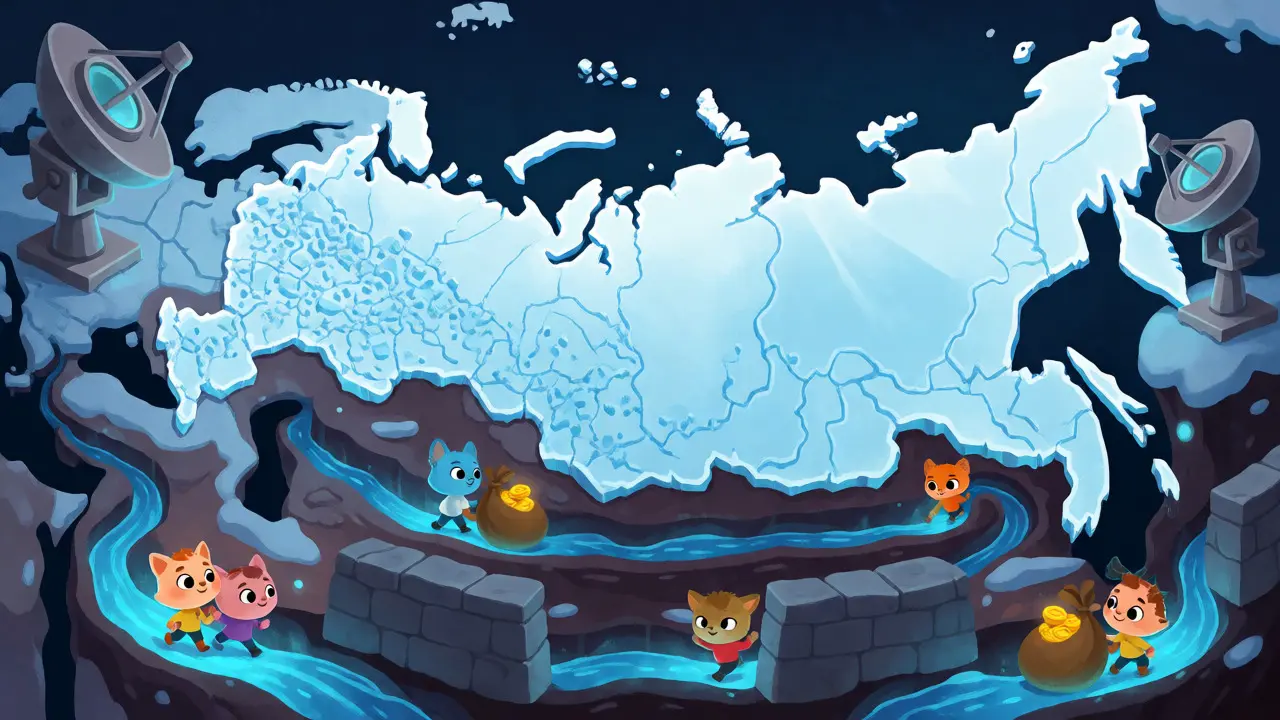 Whimsical drawing of crypto flowing through hidden underground tunnels, bypassing sanction blockades.