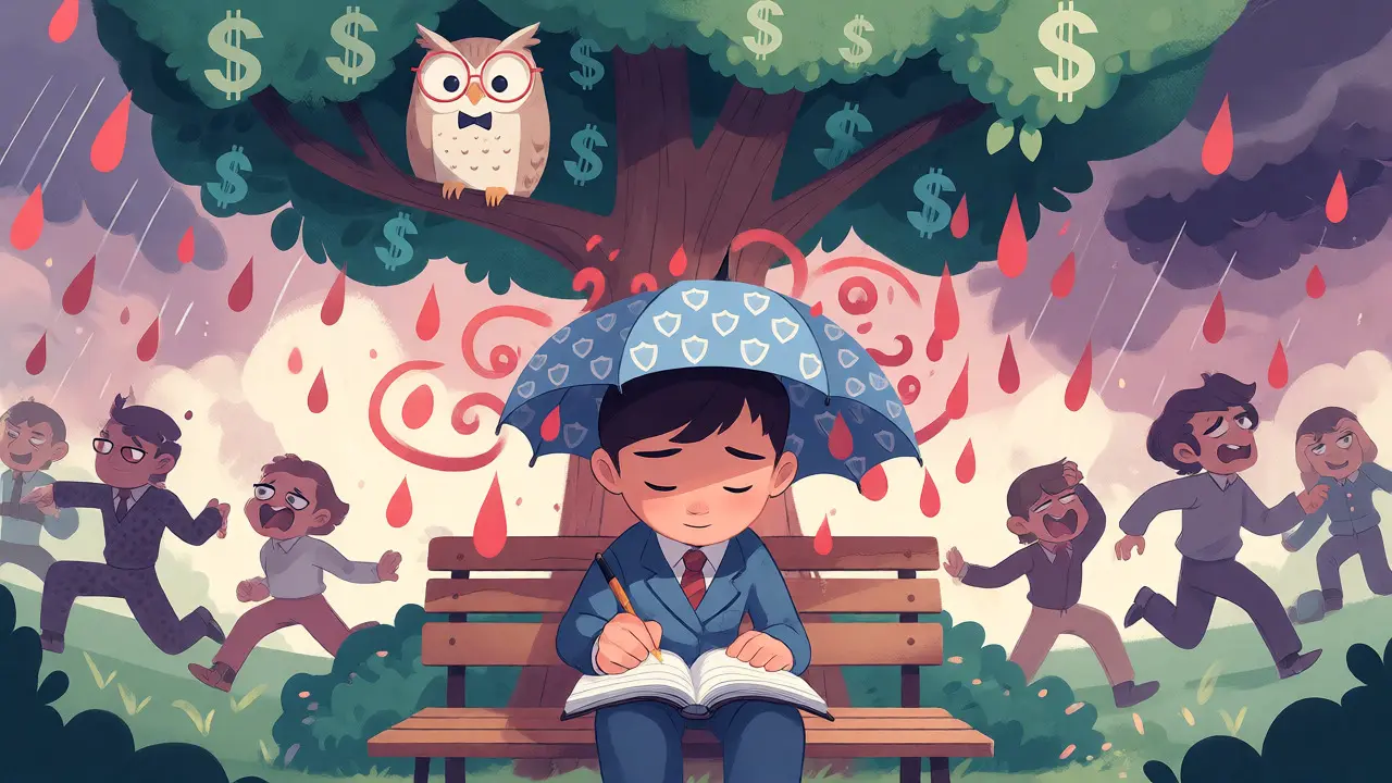 Wise owl guiding a calm investor who ignores the chaotic storm of market panic.