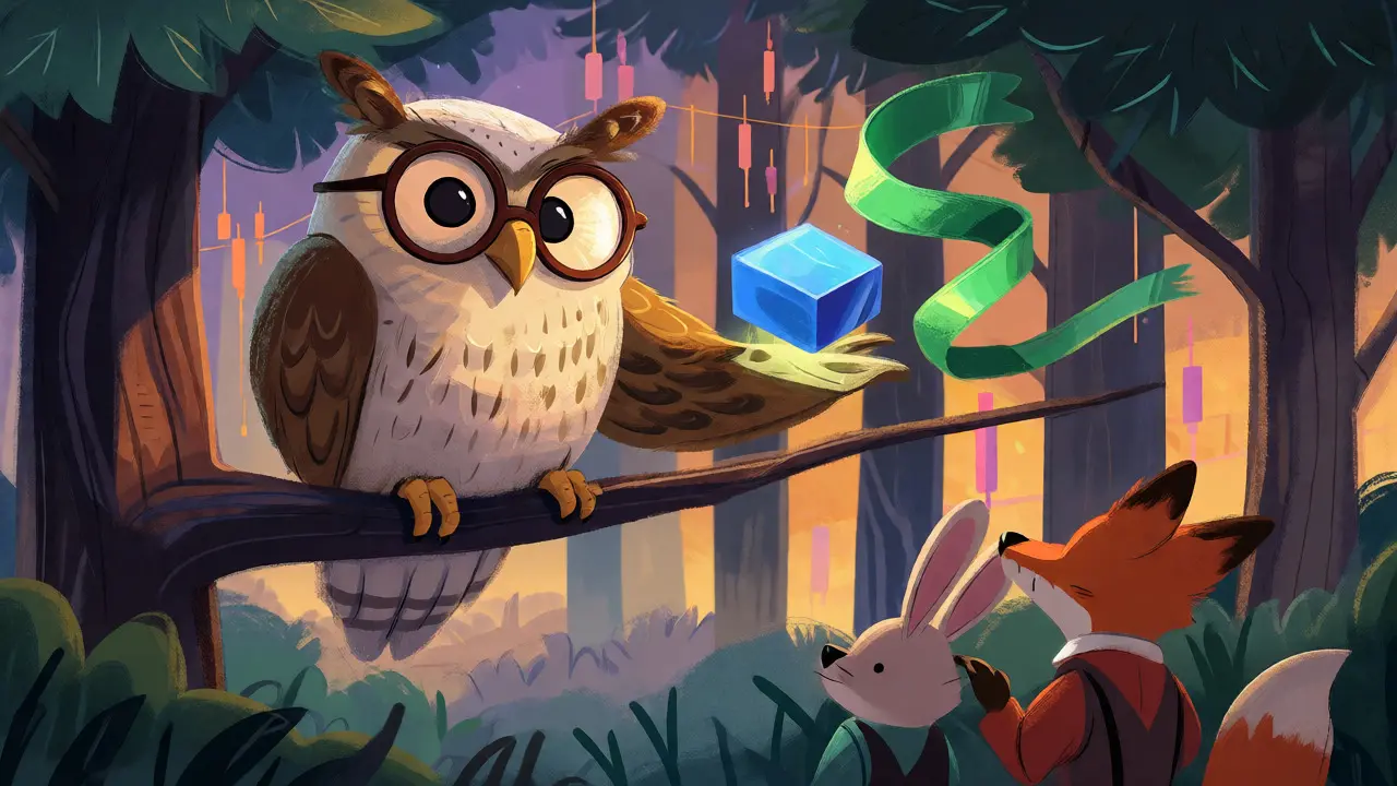 Wise owl holding blue block and green ribbon above chart-shaped trees