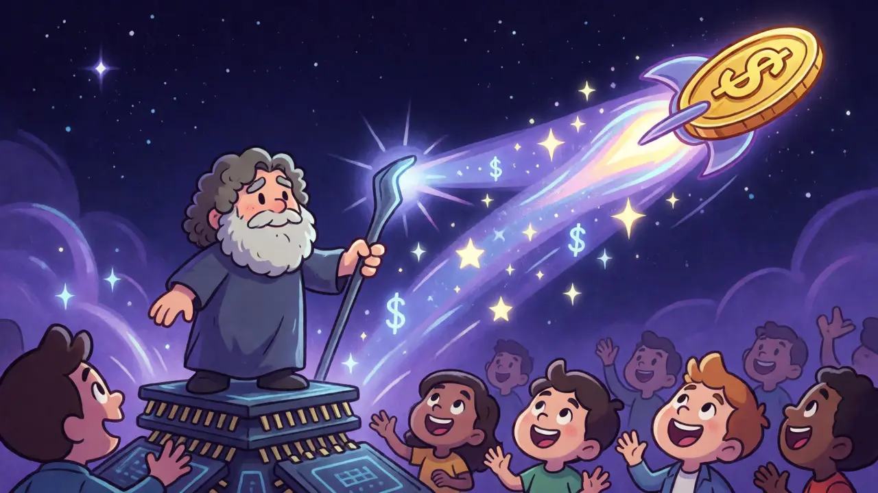 Wizard-like figure launching a coin-shaped rocket into the sky