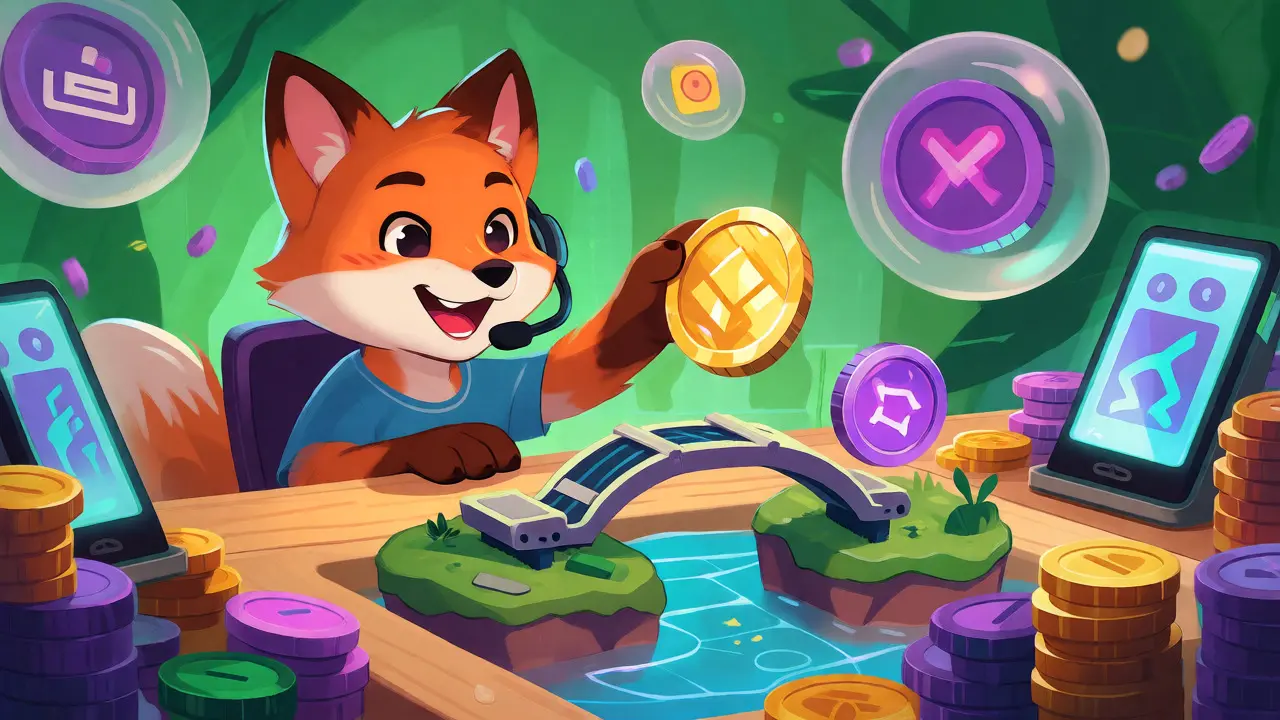 Anthropomorphic fox swapping coins on a whimsical island bridge.