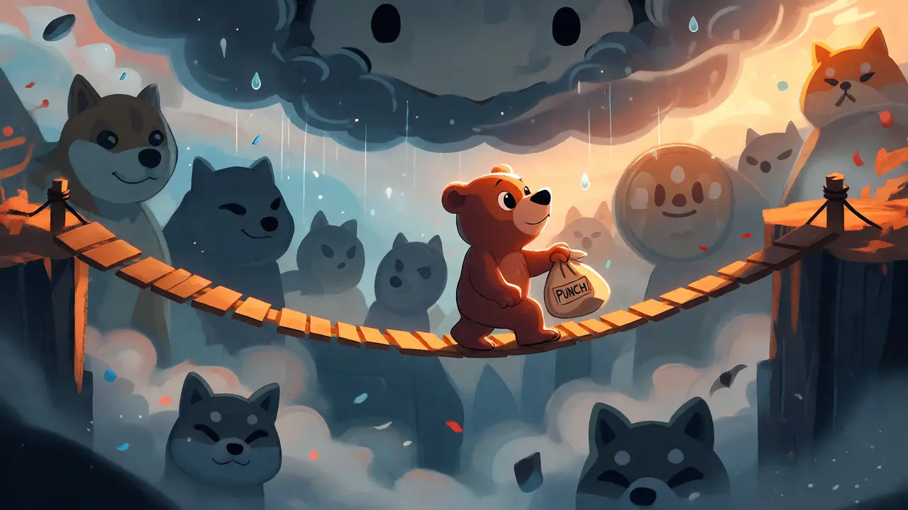 Cartoon bear walking a tightrope over a canyon of shadowy coins.